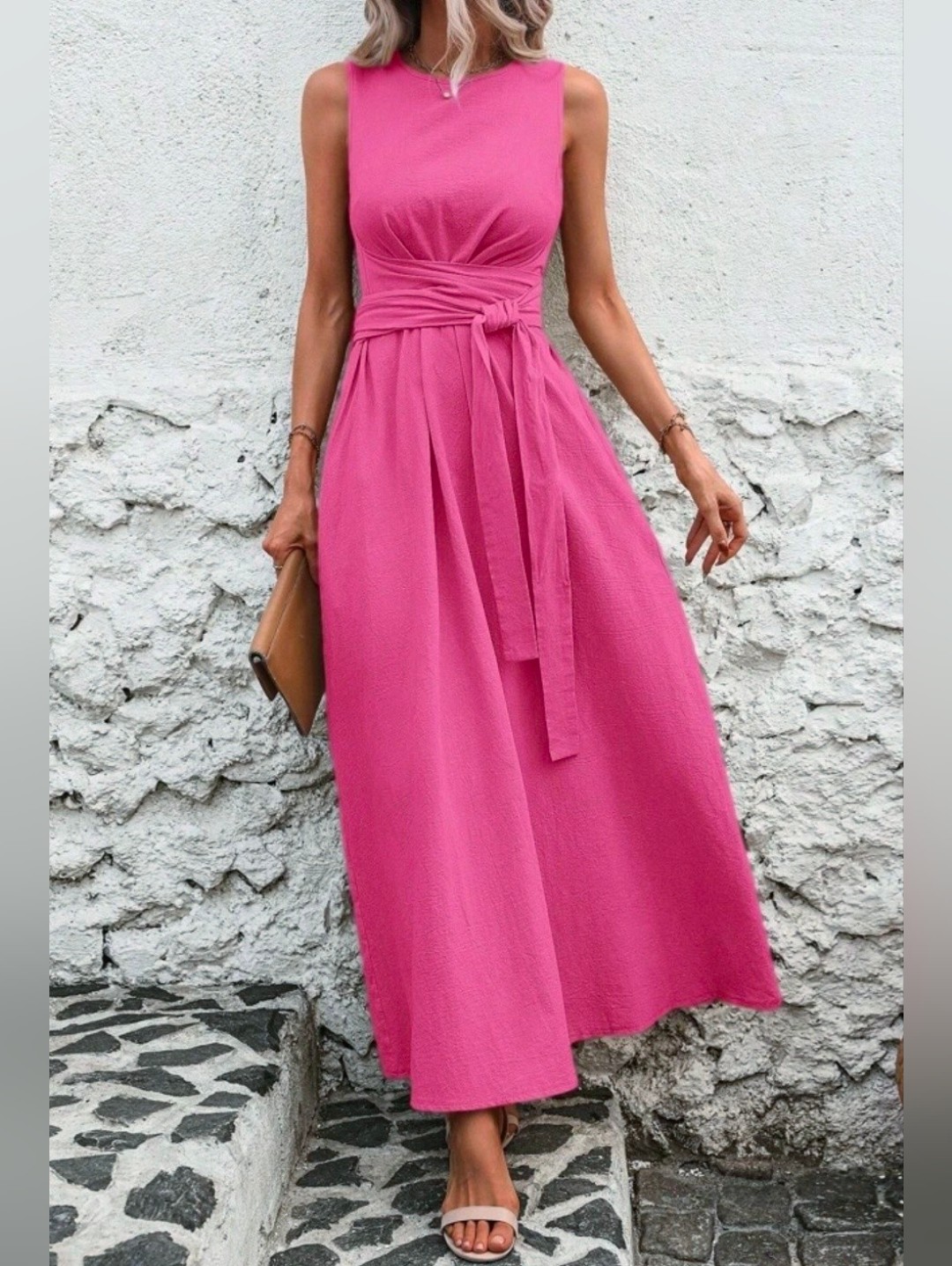 New Textured Cotton High Neck Wrap Tie Waist Maxi Dress Pink